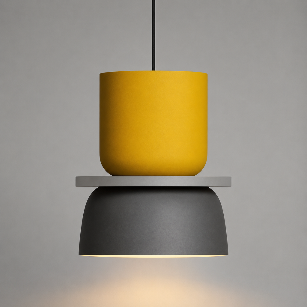 Yellow and gray color-block pendant light glowing warm white against a neutral studio background.