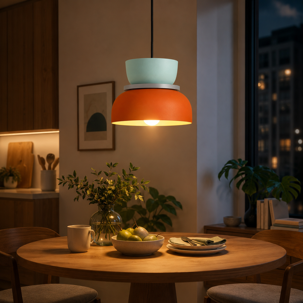 Orange and mint green pendant light glowing warm white above a round wooden dining table with fruit, tableware, and plants.