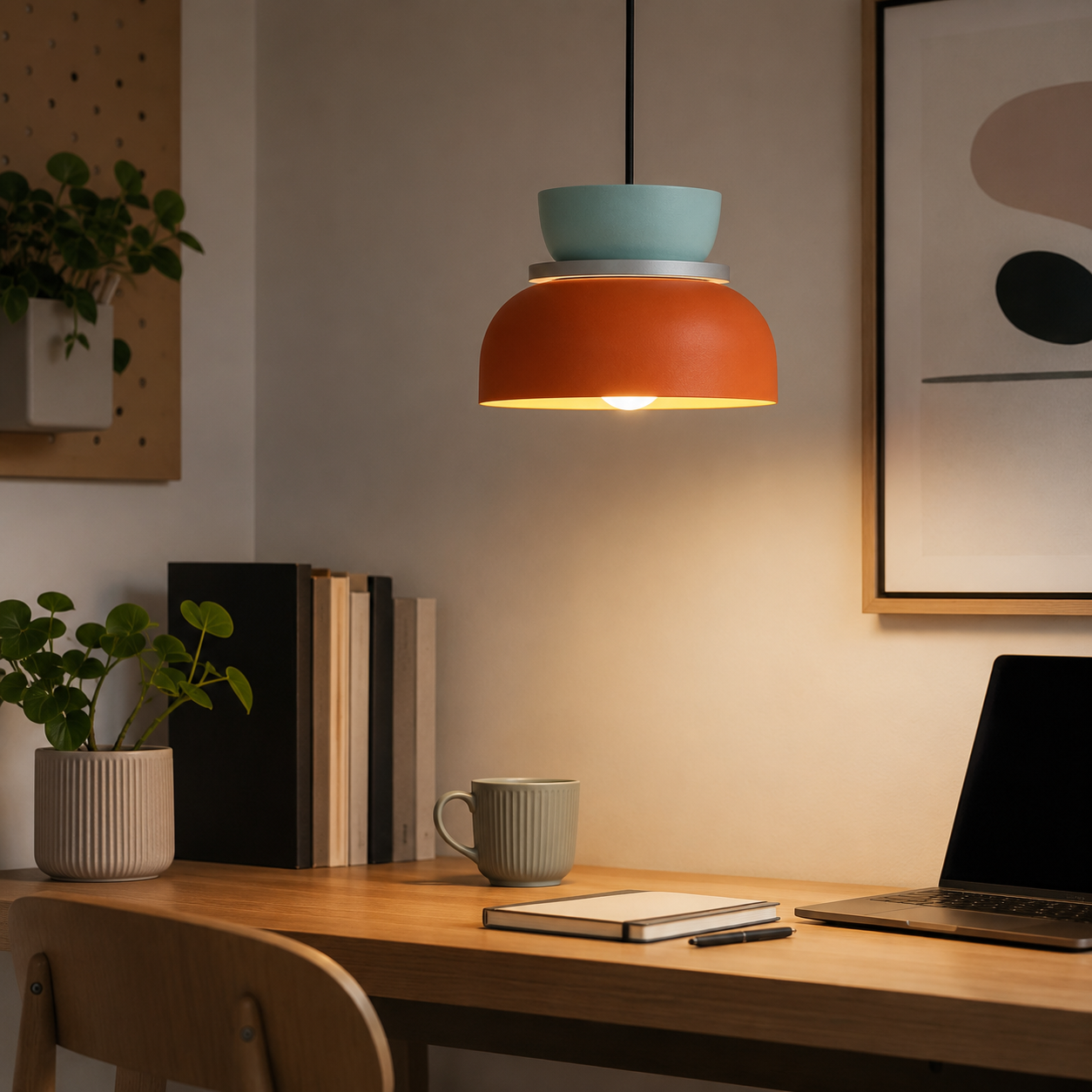 Orange and mint green pendant light glowing warm white above a wooden home office desk with a laptop, books, notebook, mug, and plants.