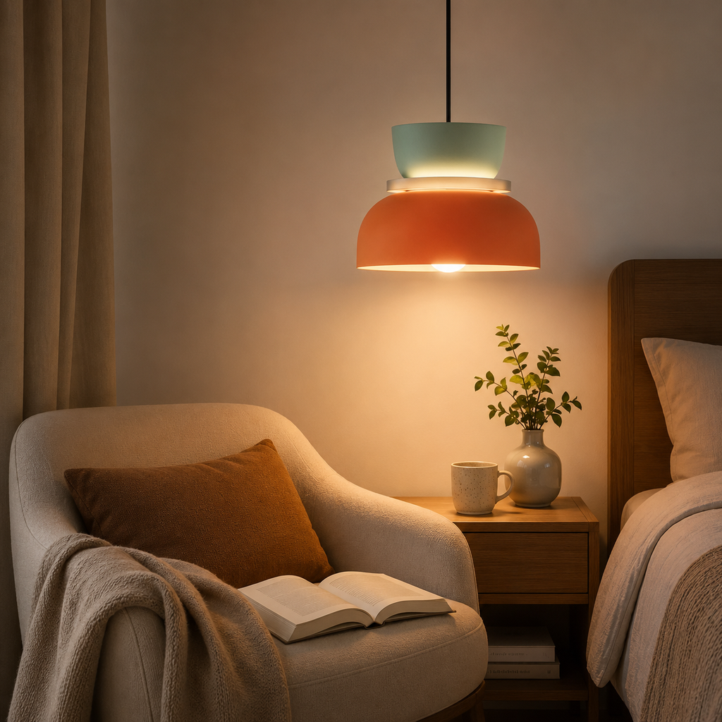 Orange and mint green pendant light glowing warm white above a cozy bedroom reading chair and bedside table.