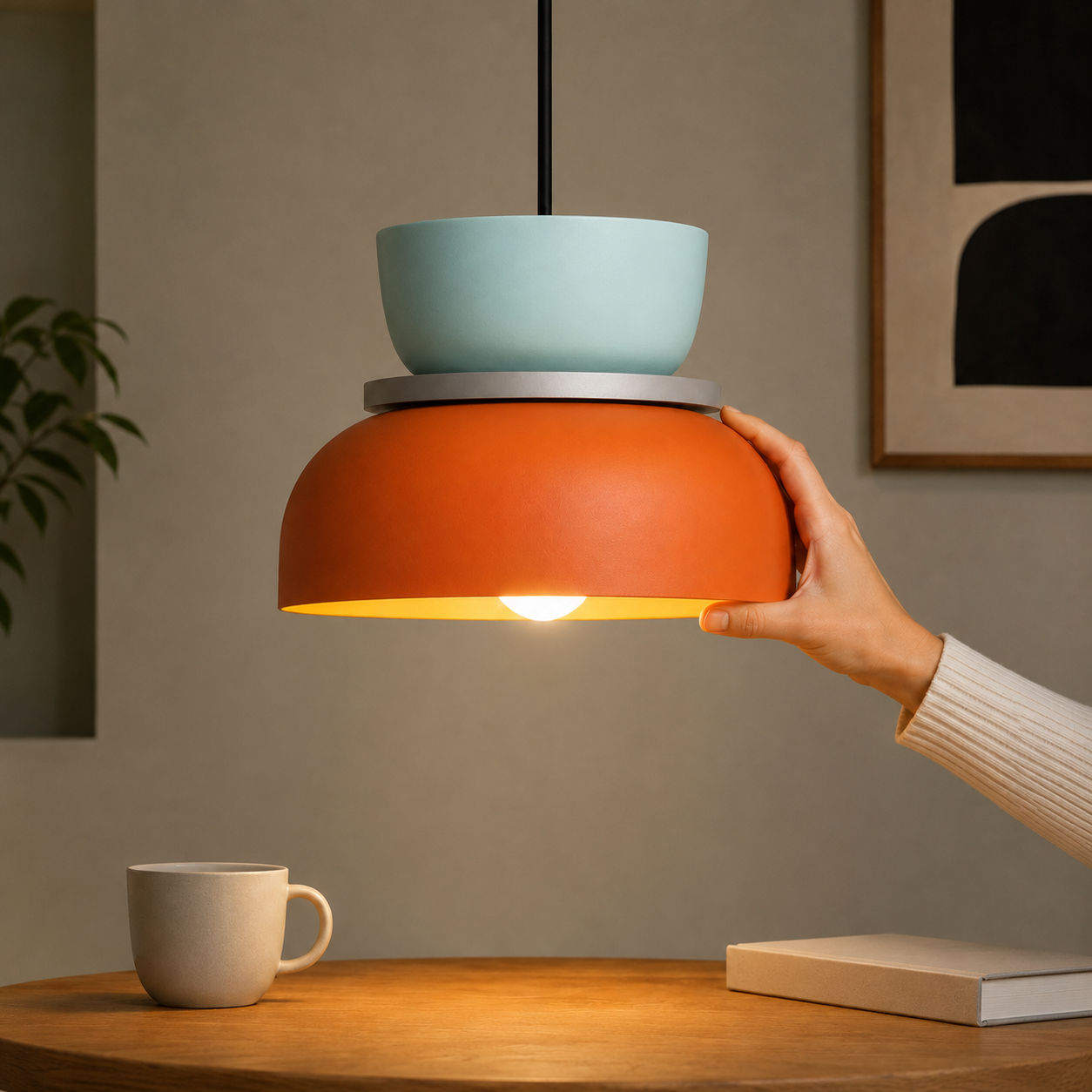 Hand touching an orange and mint green pendant light glowing warm white above a wooden table with a mug and book.