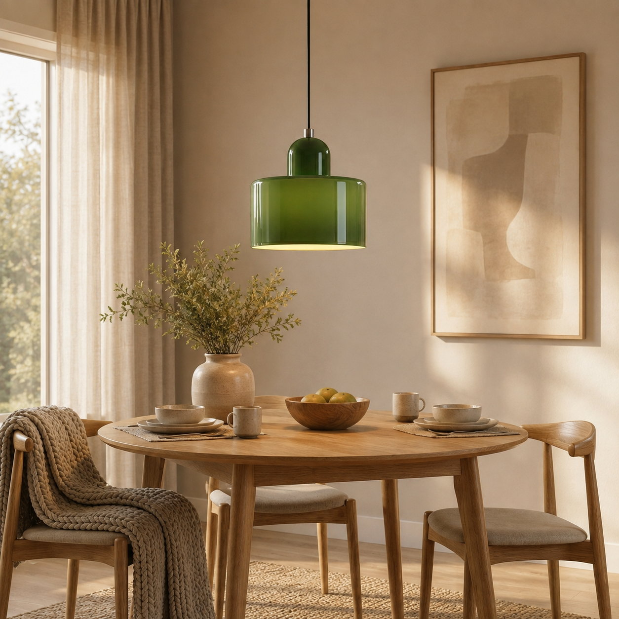 Single green glass pendant light hangs above a round wood dining table.