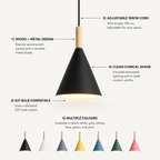 Black conical pendant light infographic highlighting the wood and metal design, E27 bulb compatibility, adjustable 100 cm cord, and seven color options.
