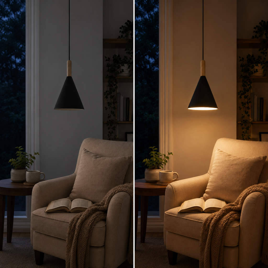 Black conical pendant light with a natural wood stem shown off and glowing warm white above a cozy reading chair.
