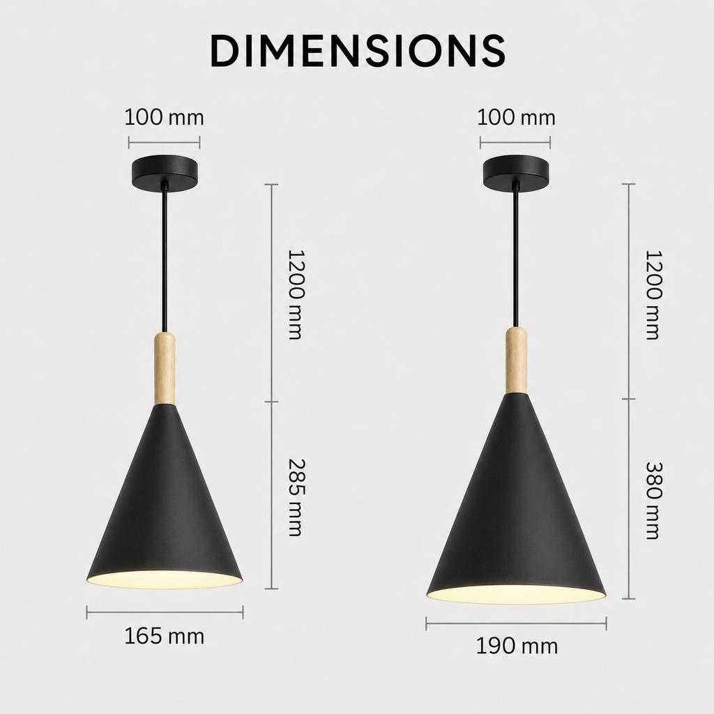 A dimension diagram showing two black pendant lights with wooden necks on a light gray background, labeled with measurements including 100 mm canopy width, 1200 mm and 380 mm hanging height, and 165 mm and 190 mm shade width.