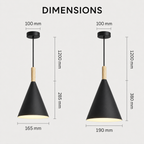 A dimension diagram showing two black pendant lights with wooden necks on a light gray background, labeled with measurements including 100 mm canopy width, 1200 mm and 380 mm hanging height, and 165 mm and 190 mm shade width.
