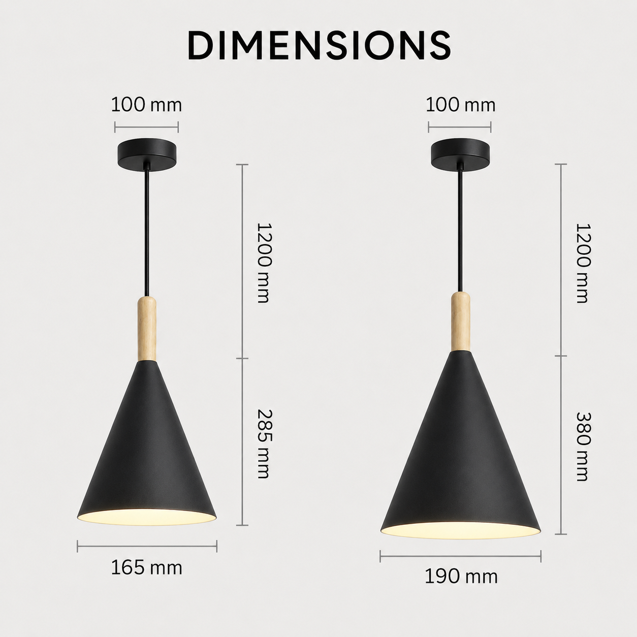 A dimension diagram showing two black pendant lights with wooden necks on a light gray background, labeled with measurements including 100 mm canopy width, 1200 mm and 380 mm hanging height, and 165 mm and 190 mm shade width.