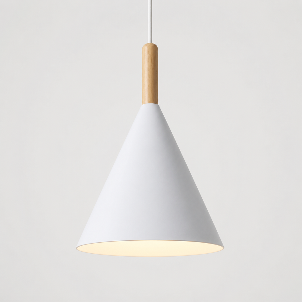 White conical pendant light with a natural wood stem, glowing warm white against a neutral background.
