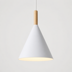 White conical pendant light with a natural wood stem, glowing warm white against a neutral background.
