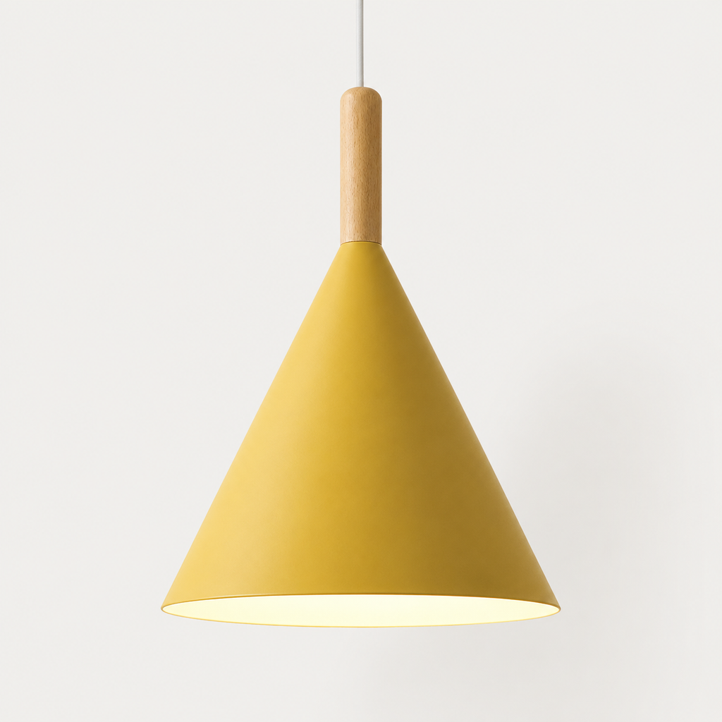 Yellow conical pendant light with a natural wood stem, glowing warm white against a neutral background.
