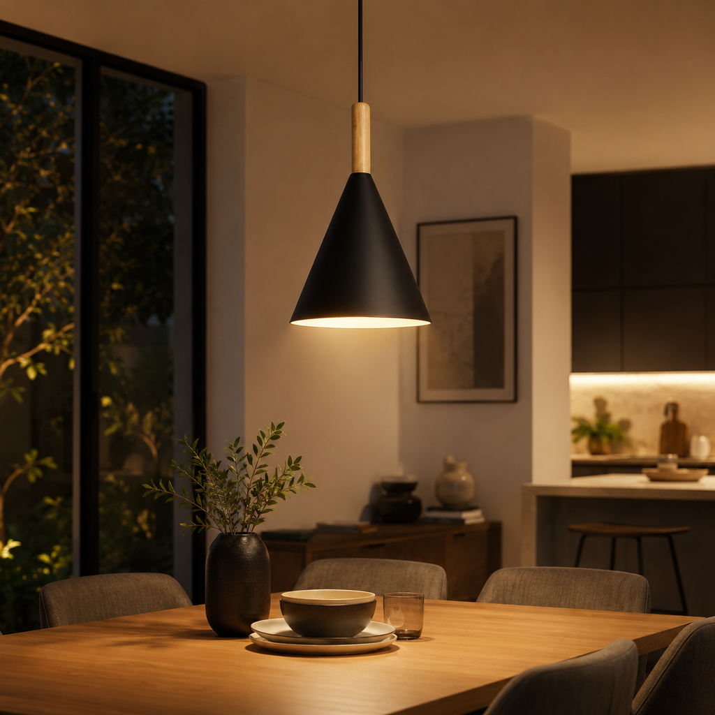 Black conical pendant light with a natural wood stem, glowing warm white above a modern wooden dining table.

