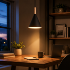 Black conical pendant light with a natural wood stem, glowing warm white above a home office desk with a laptop, mug, notebook, books, and plant.
