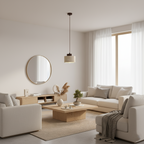 Pendant light with natural stone drum shade and dark walnut toned accent in a living space