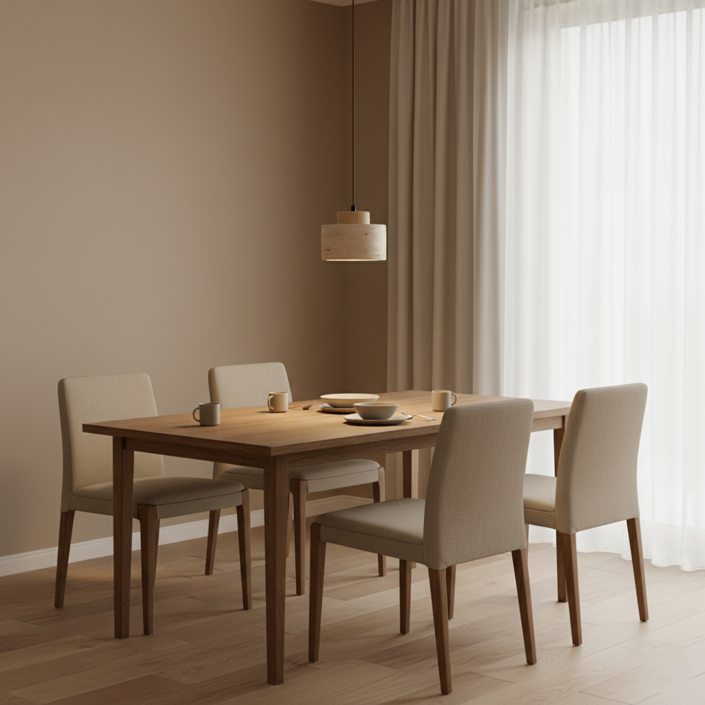 Pendant light with natural stone drum shade and dark walnut toned accent in a living space