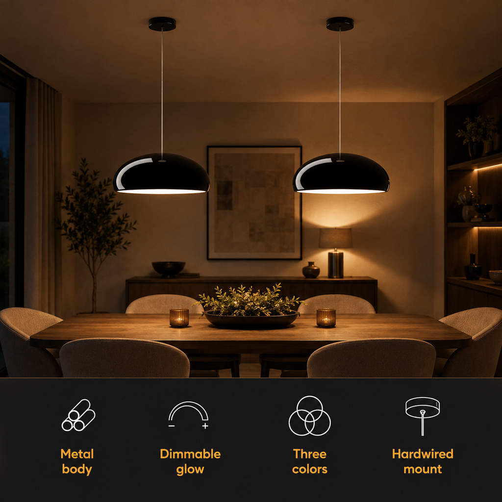 Two black pendant light fixtures hanging above a dining table with feature icons below.