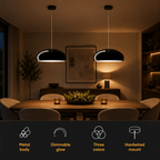 Two black pendant light fixtures hanging above a dining table with feature icons below.