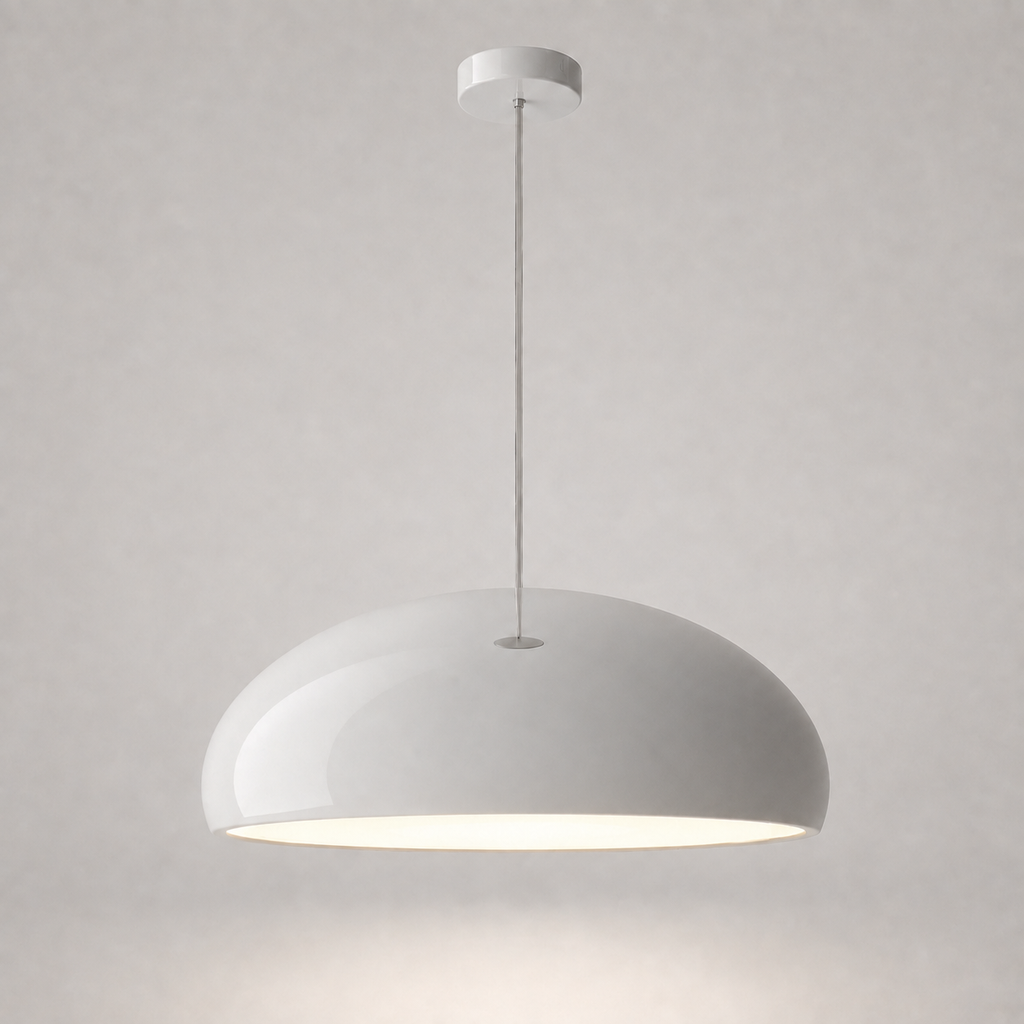 White dome pendant light with a glossy finish, matching white canopy, clear cord, and illuminated underside.