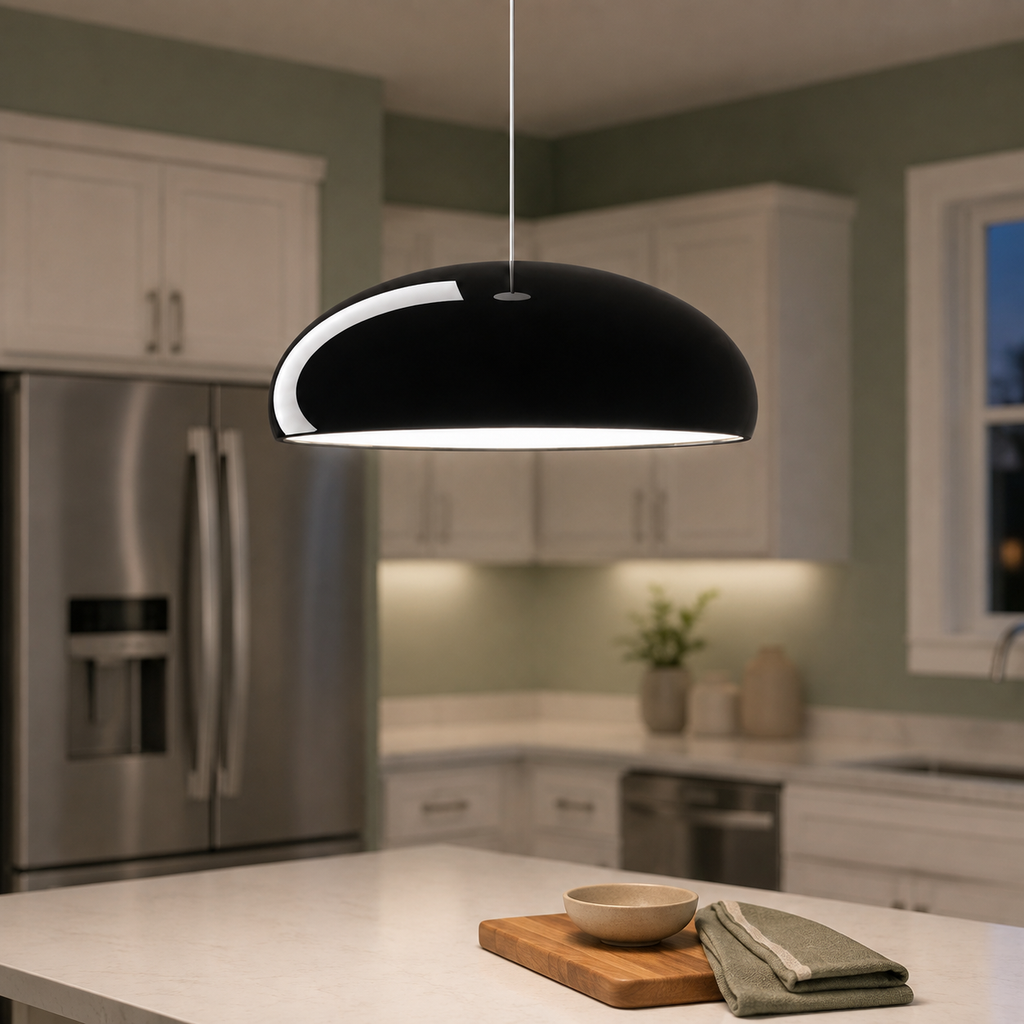 Black dome pendant light hanging above a bright modern kitchen island.