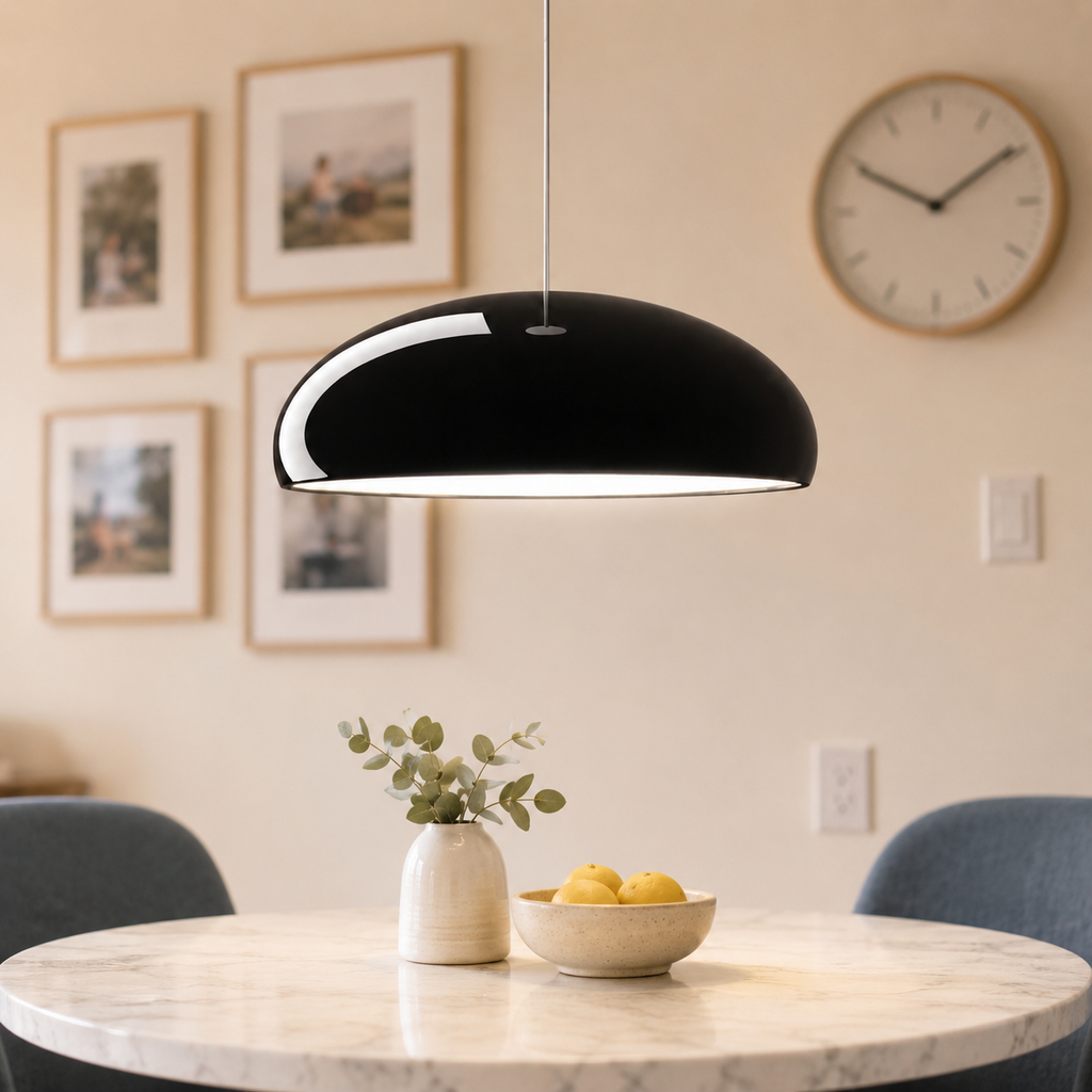 Black dome pendant light hanging above a round white dining table with framed wall art.