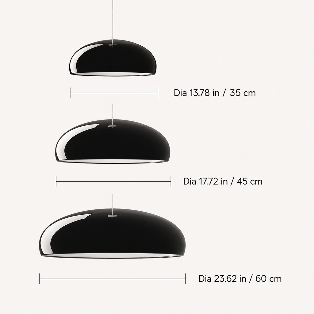 Pendant light dimension graphic showing three black dome fixture sizes with measurement lines.