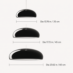 Pendant light dimension graphic showing three black dome fixture sizes with measurement lines.