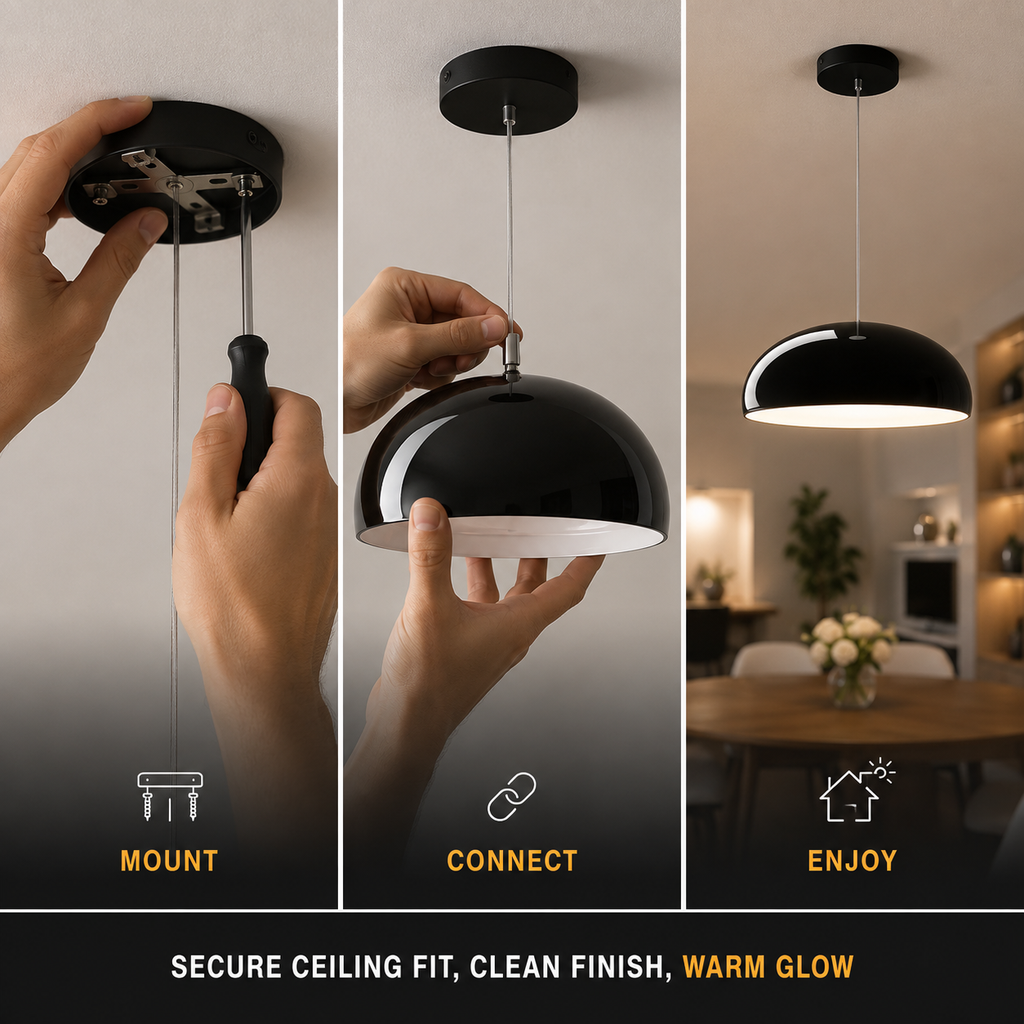 Pendant light graphic showing hands adjusting the black dome fixture in three positions.