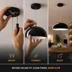 Pendant light graphic showing hands adjusting the black dome fixture in three positions.