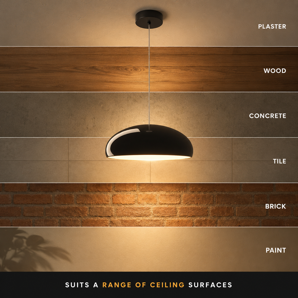 Black pendant light displayed against several labeled wall and surface color examples.