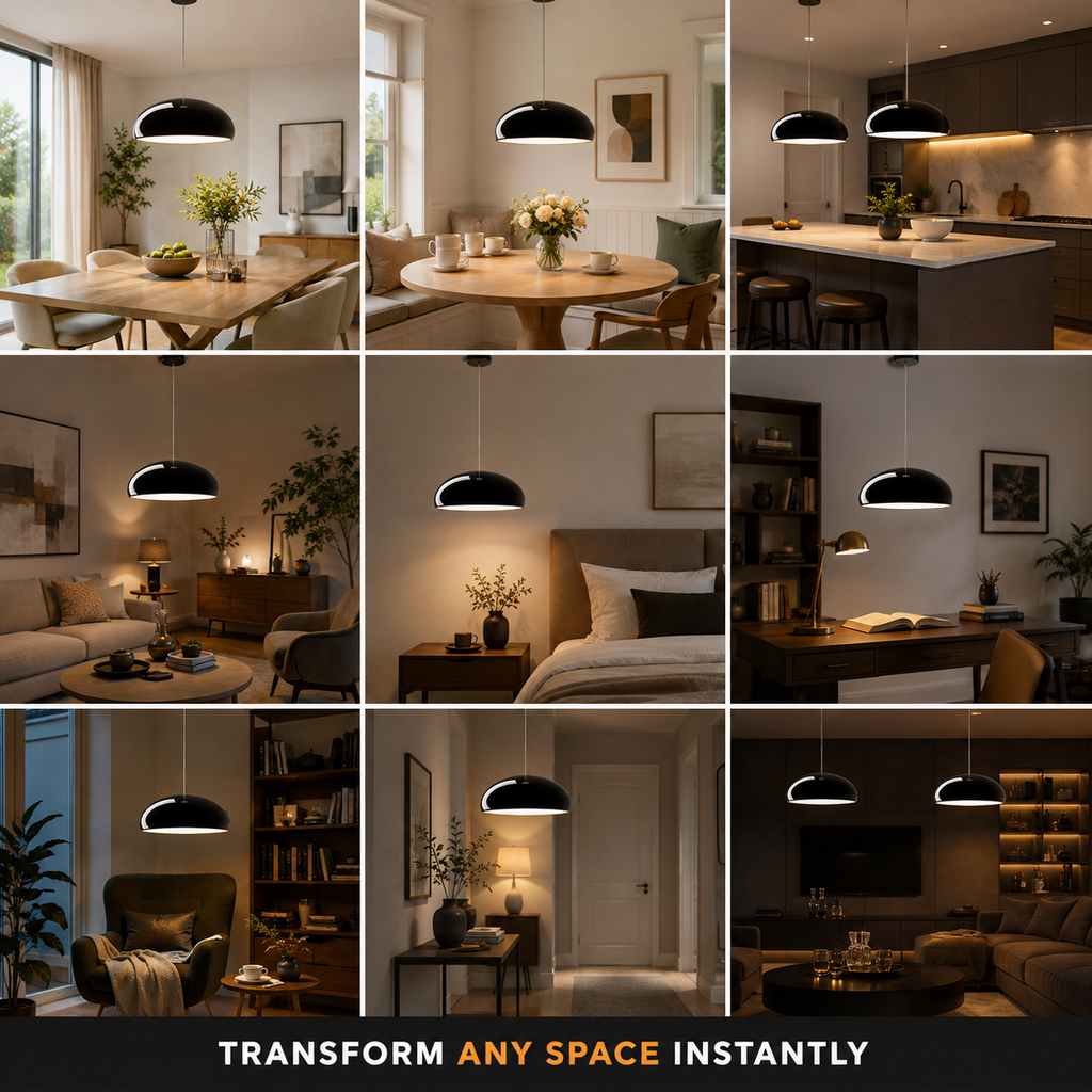 Pendant light collage showing the black dome fixture installed in multiple indoor room settings.