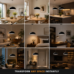 Pendant light collage showing the black dome fixture installed in multiple indoor room settings.