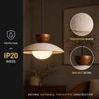 Pendant light feature graphic with an IP20 label and close-up views of the shade materials.