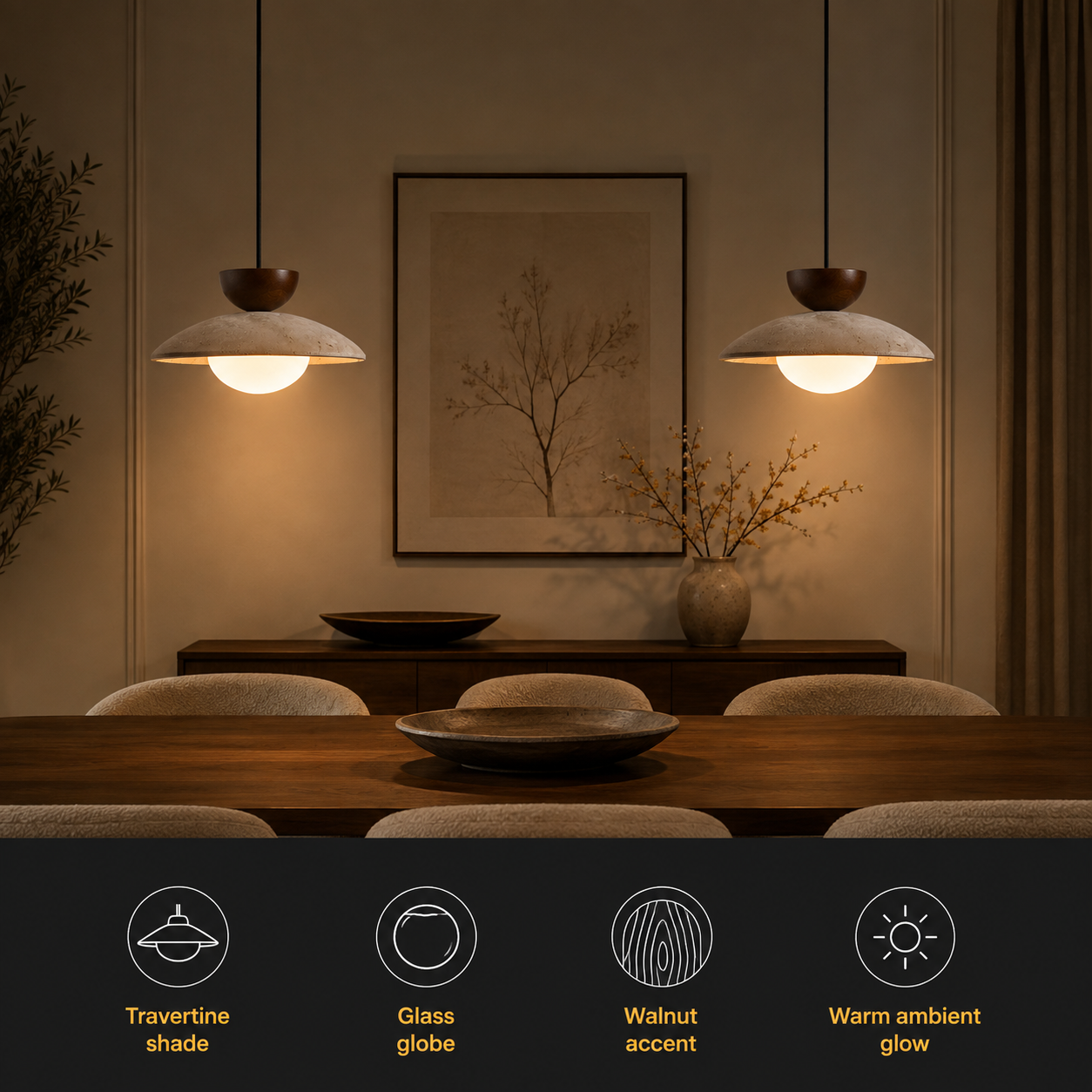 Two pendant light fixtures hanging above a dining table with feature icons below.
