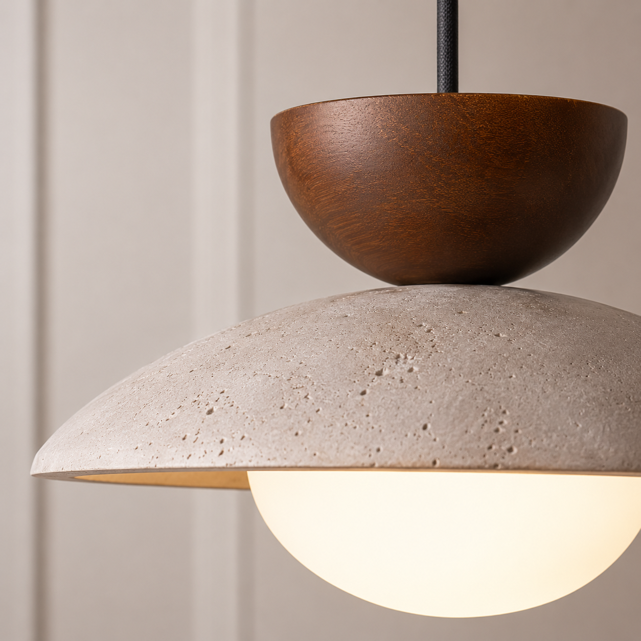 Close-up pendant light view showing the wood accent, textured shade, and glowing diffuser.