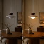 Pendant light shown in two warm interior scenes above dining and side tables.