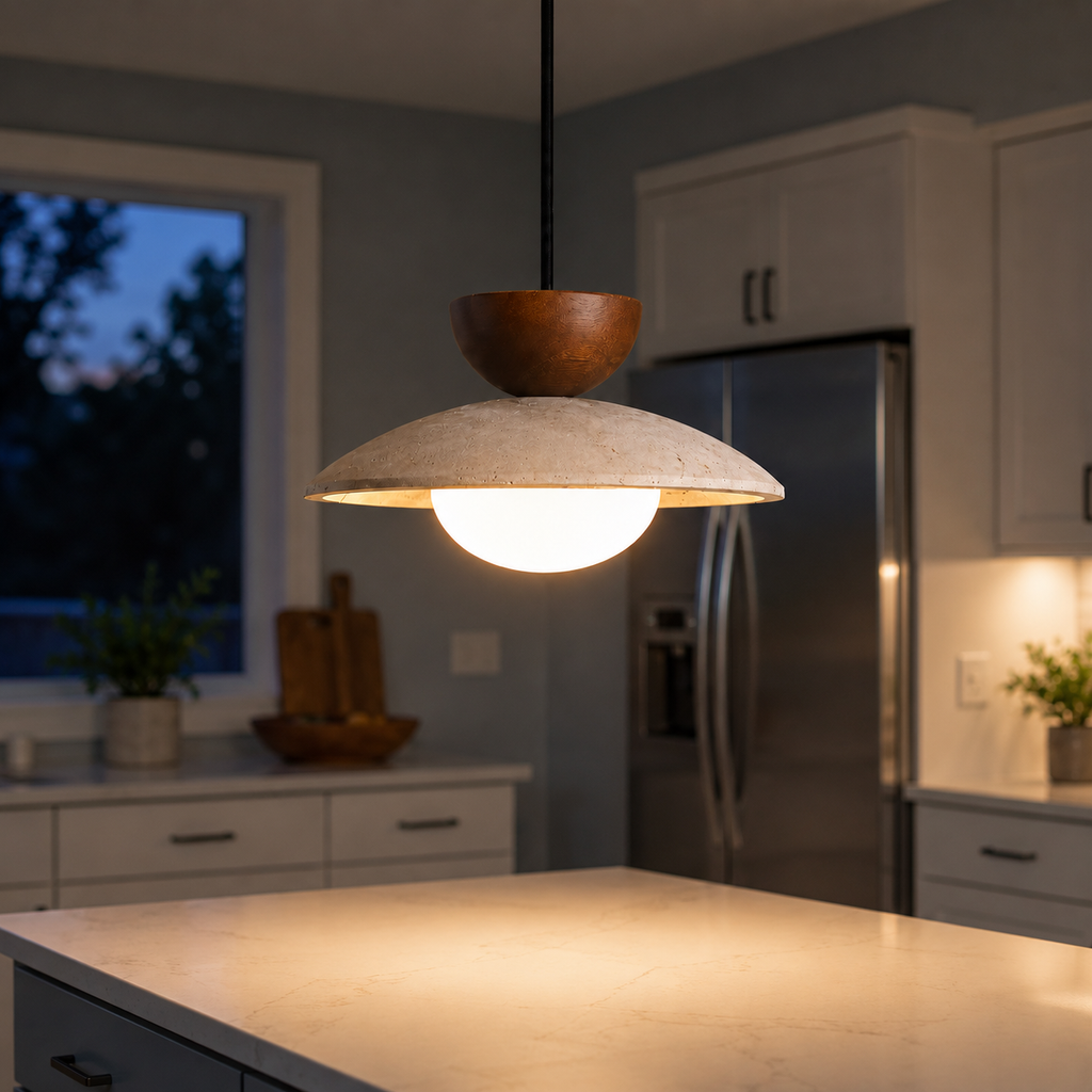 Pendant light hanging above a dining table in a dark modern kitchen.