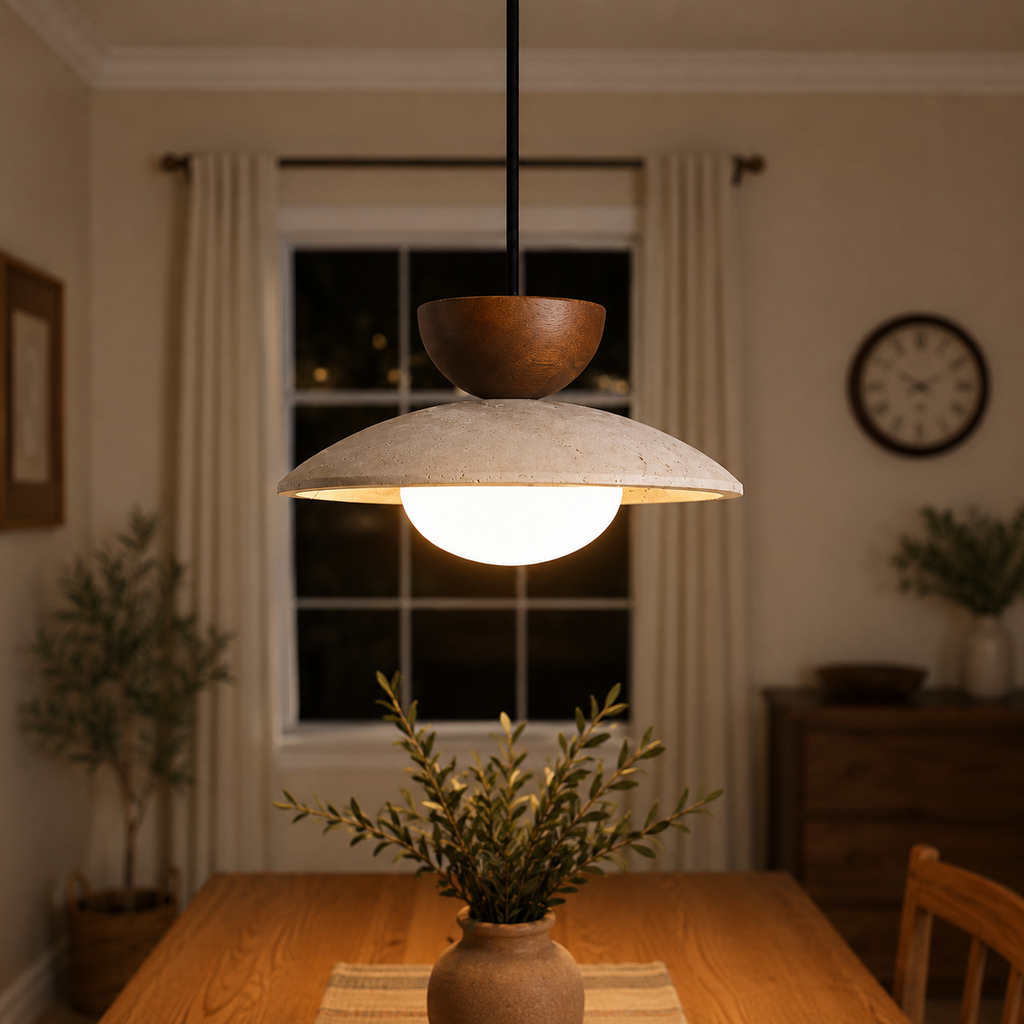 Pendant light suspended above a small table in a warm dining room.