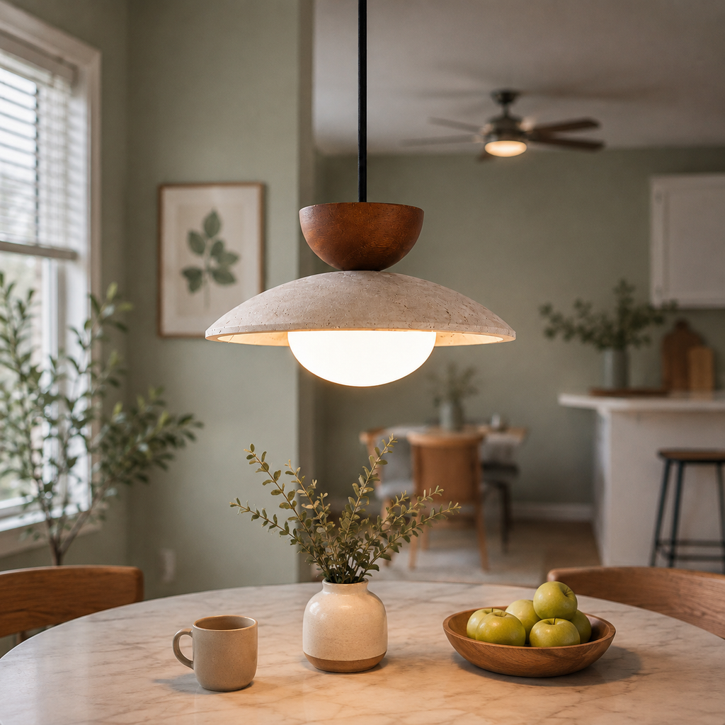 Pendant light hanging over a bright kitchen island with plants and fruit.