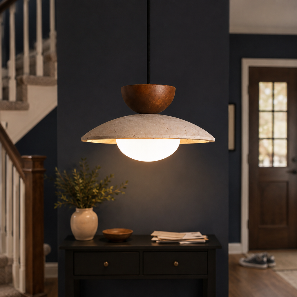 Pendant light suspended above a dark dining table in a moody interior.