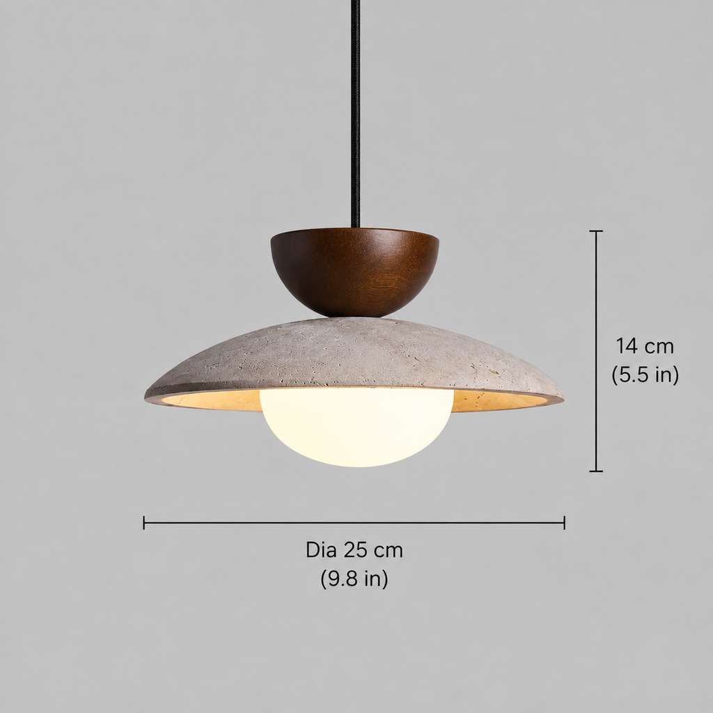 Pendant light dimension graphic showing the fixture from the front with measurement lines.