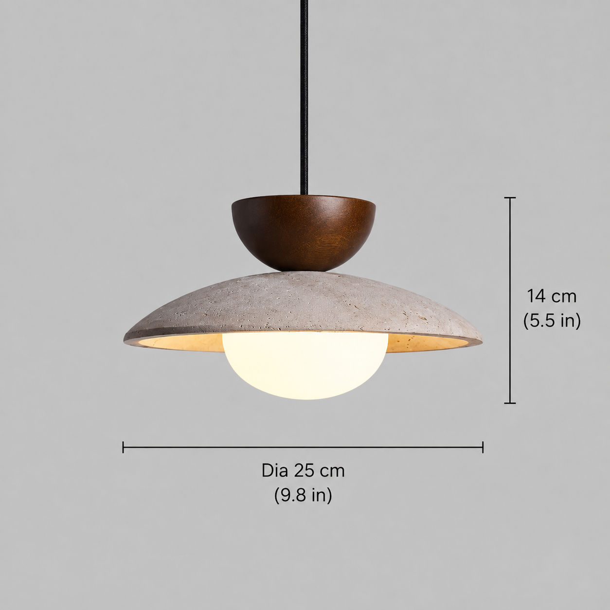 Pendant light dimension graphic showing the fixture from the front with measurement lines.