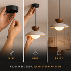 Pendant light graphic showing hands adjusting the hanging fixture in three positions.