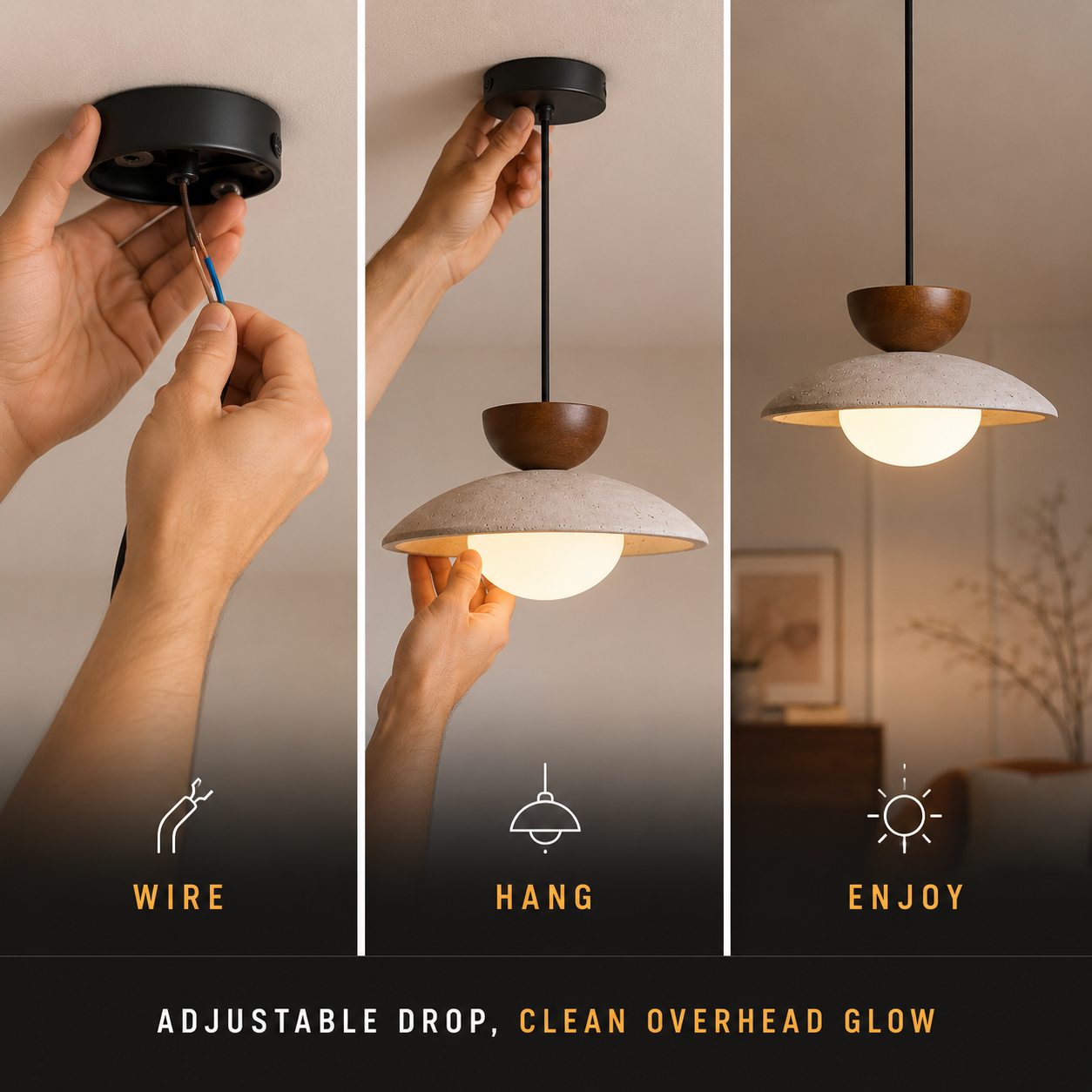 Pendant light graphic showing hands adjusting the hanging fixture in three positions.