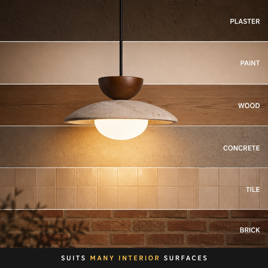 Pendant light displayed against several labeled wall and surface color examples.
