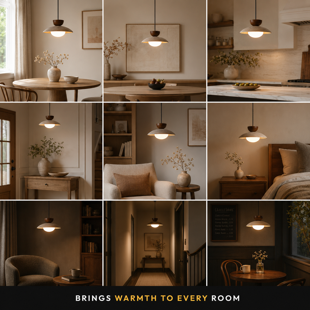 Pendant light collage showing the fixture installed in multiple indoor room settings.