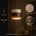 Pendant light with an adjustable cord, glowing shade, and close-up views of the travertine and walnut band.
