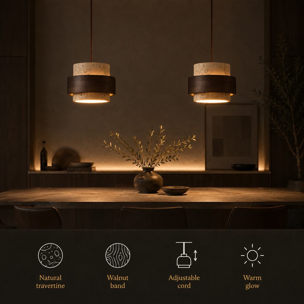 Pendant light hanging above a dining table with feature icons for travertine, walnut band, adjustable cord, and warm glow.