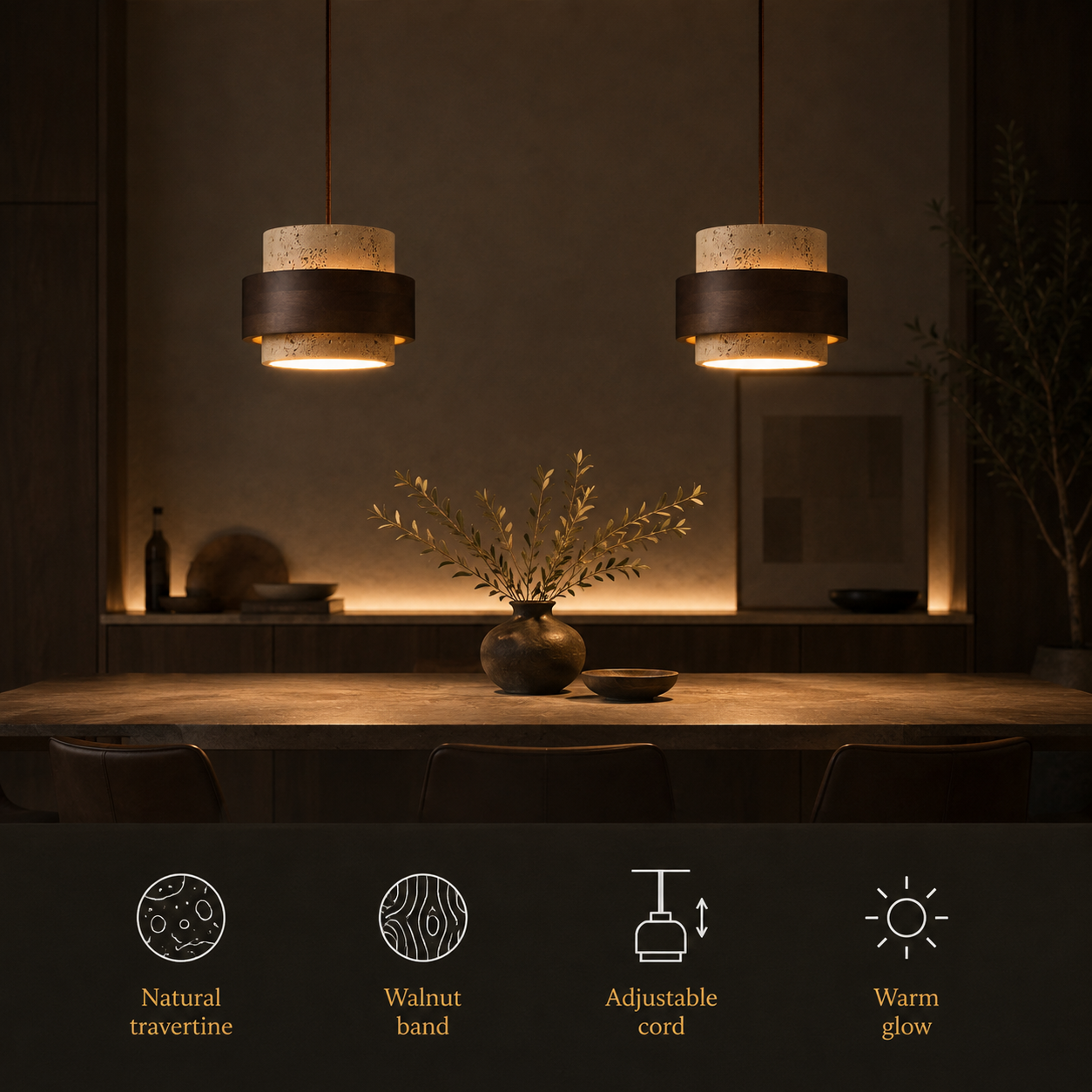 Pendant light hanging above a dining table with feature icons for travertine, walnut band, adjustable cord, and warm glow.