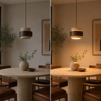Pendant light shown side by side with the light turned off and turned on above a dining table.
