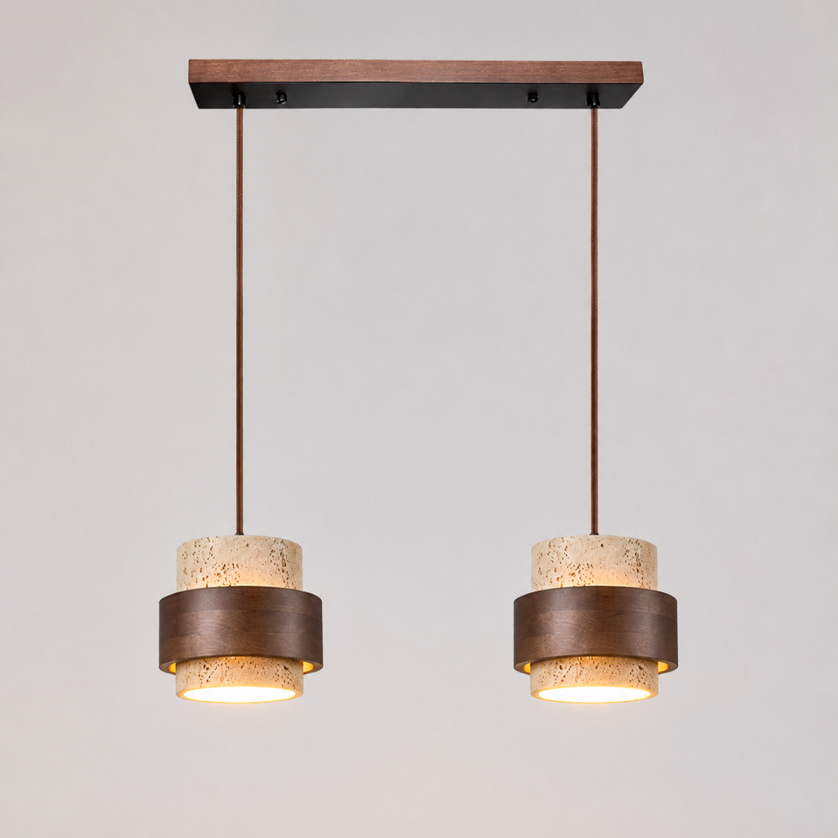 Pendant light with two hanging fixtures mounted to a rectangular ceiling canopy on a white background.