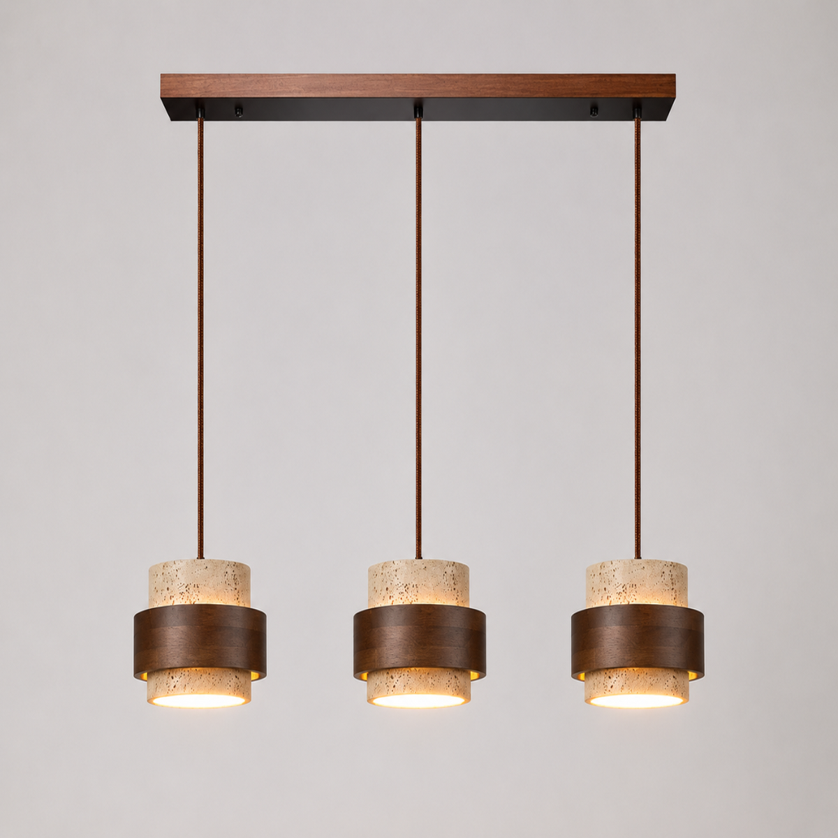 Pendant light with three hanging fixtures mounted to a rectangular ceiling canopy on a white background.